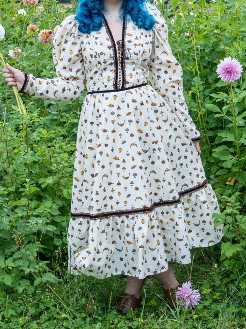 Vintage 1970s gunnesax reproduction dress with brown velvet accents